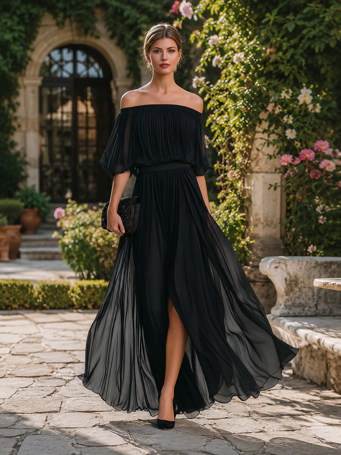Geplooide Off Shoulder Maxi Jurk | Navando
