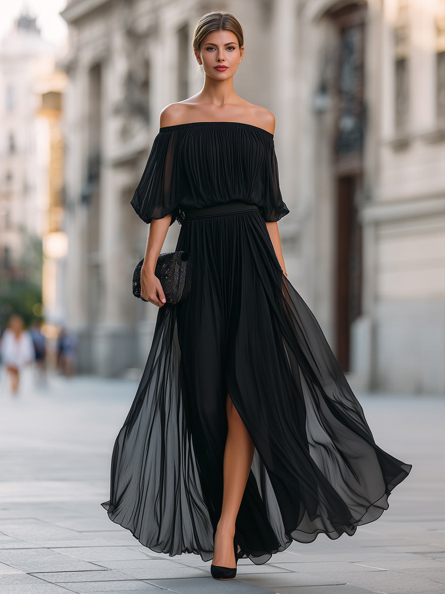 Geplooide Off Shoulder Maxi Jurk | Navando