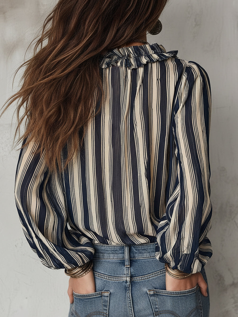 Gestreepte Blouse Met Ruches Aan Hals En Mouwen | Navando
