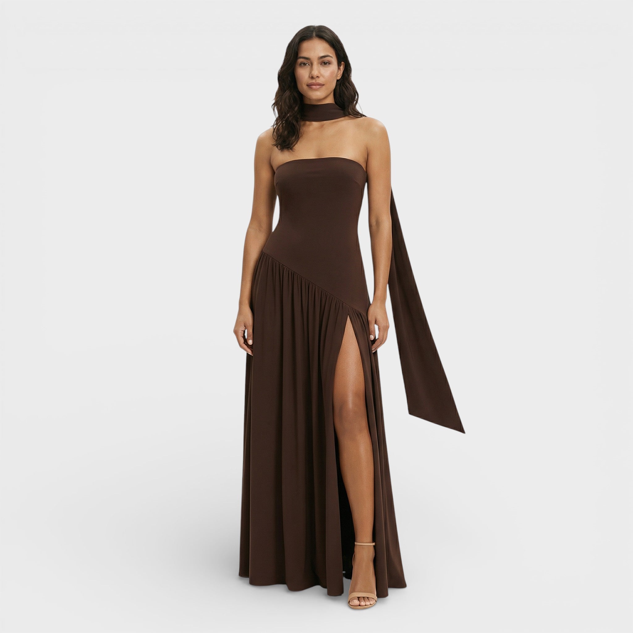 Glamour | Lange Strapless Jurk Met Hoge Split 0
