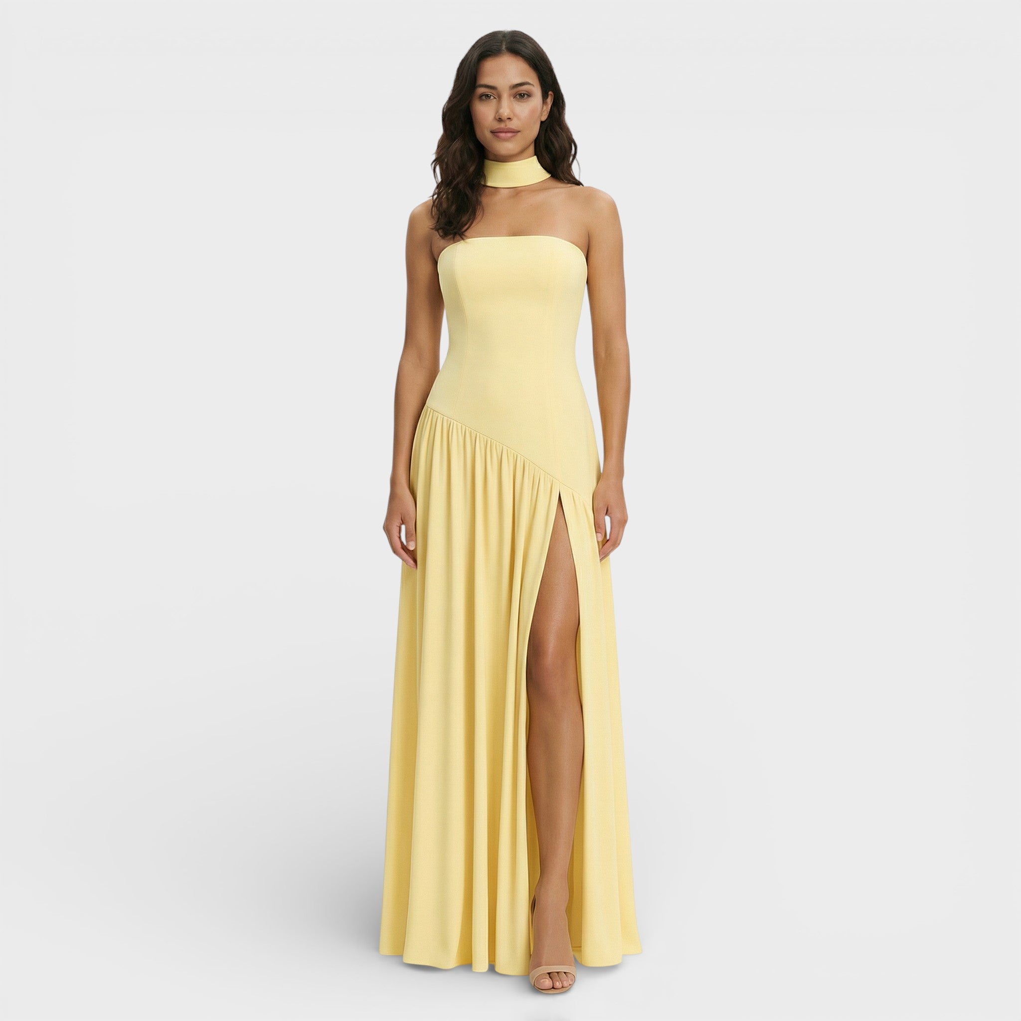 Glamour | Lange Strapless Jurk Met Hoge Split 4