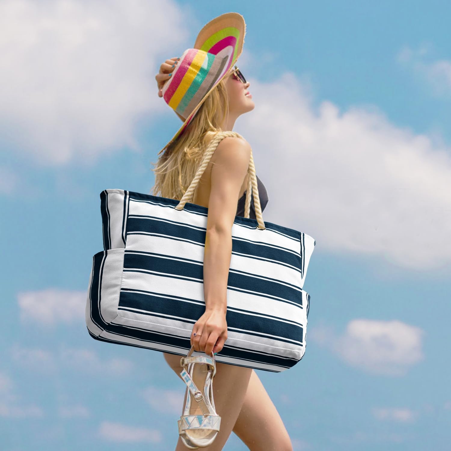 Grote Gestreepte Strandtas Met Rits | Navando 
