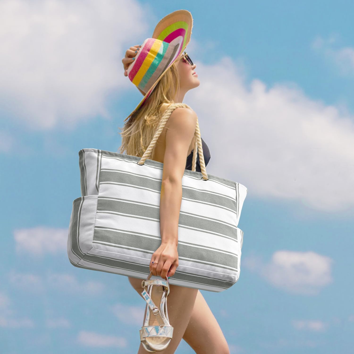 Grote Gestreepte Strandtas Met Rits | Navando 