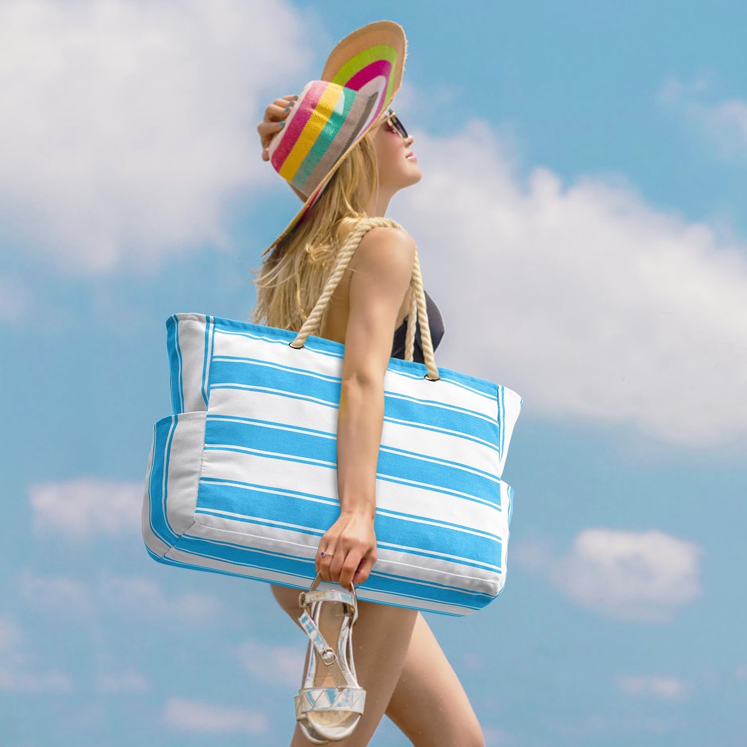 Grote Gestreepte Strandtas Met Rits | Navando 