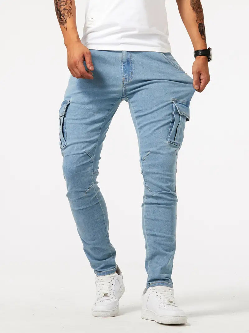Heren | Stretch denim cargo broek met slanke pasvorm en meerdere zakken 0