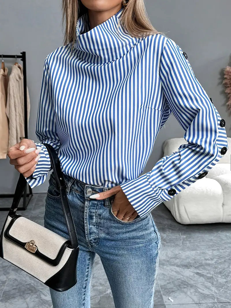 Jada | Gestreepte Blouse Met Opstaande Kraag