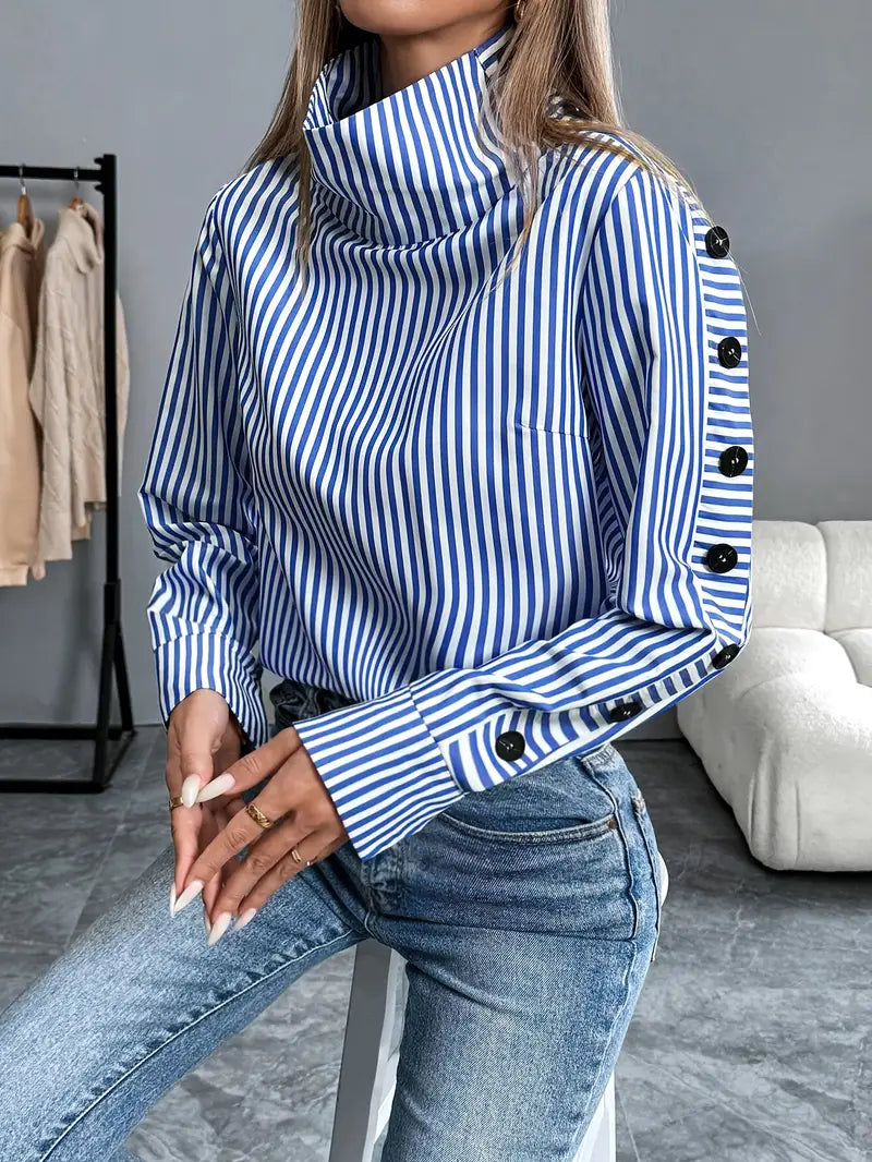 Jada | Gestreepte Blouse Met Opstaande Kraag