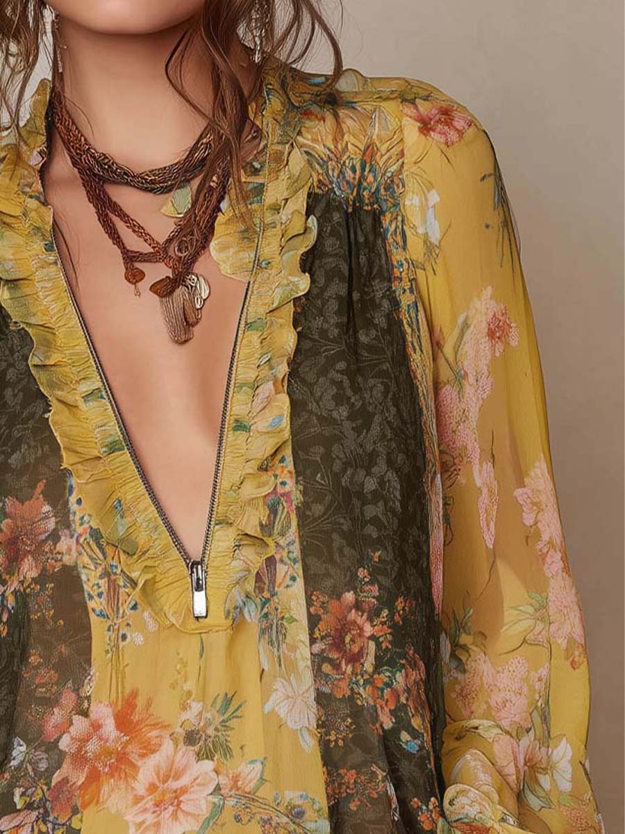 Lange Mouwen Blouse Met Ritssluiting En Ruches | Navando