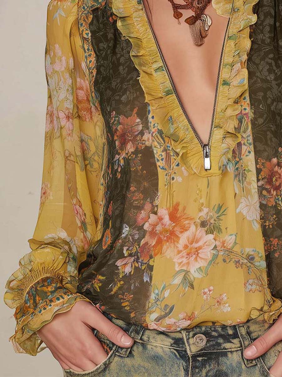 Lange Mouwen Blouse Met Ritssluiting En Ruches | Navando