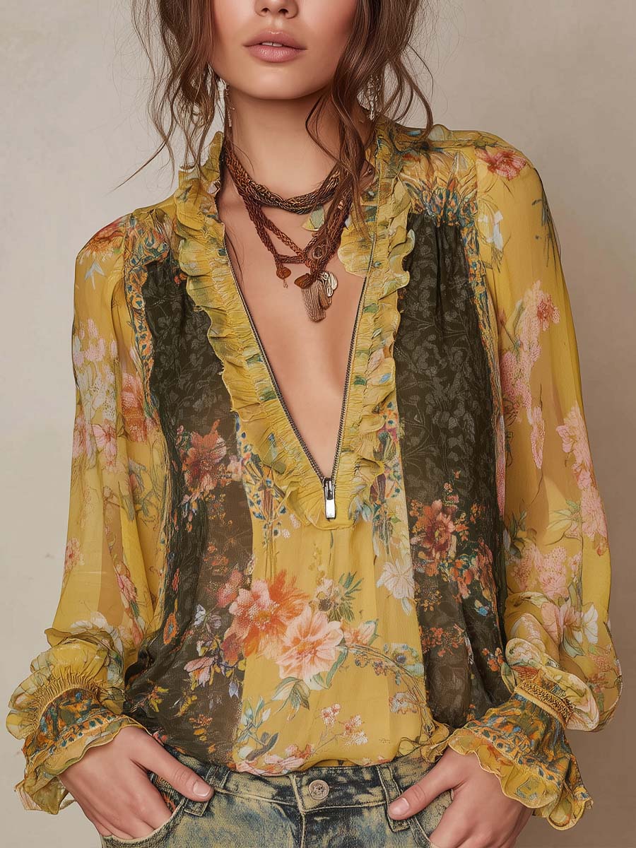 Lange Mouwen Blouse Met Ritssluiting En Ruches | Navando