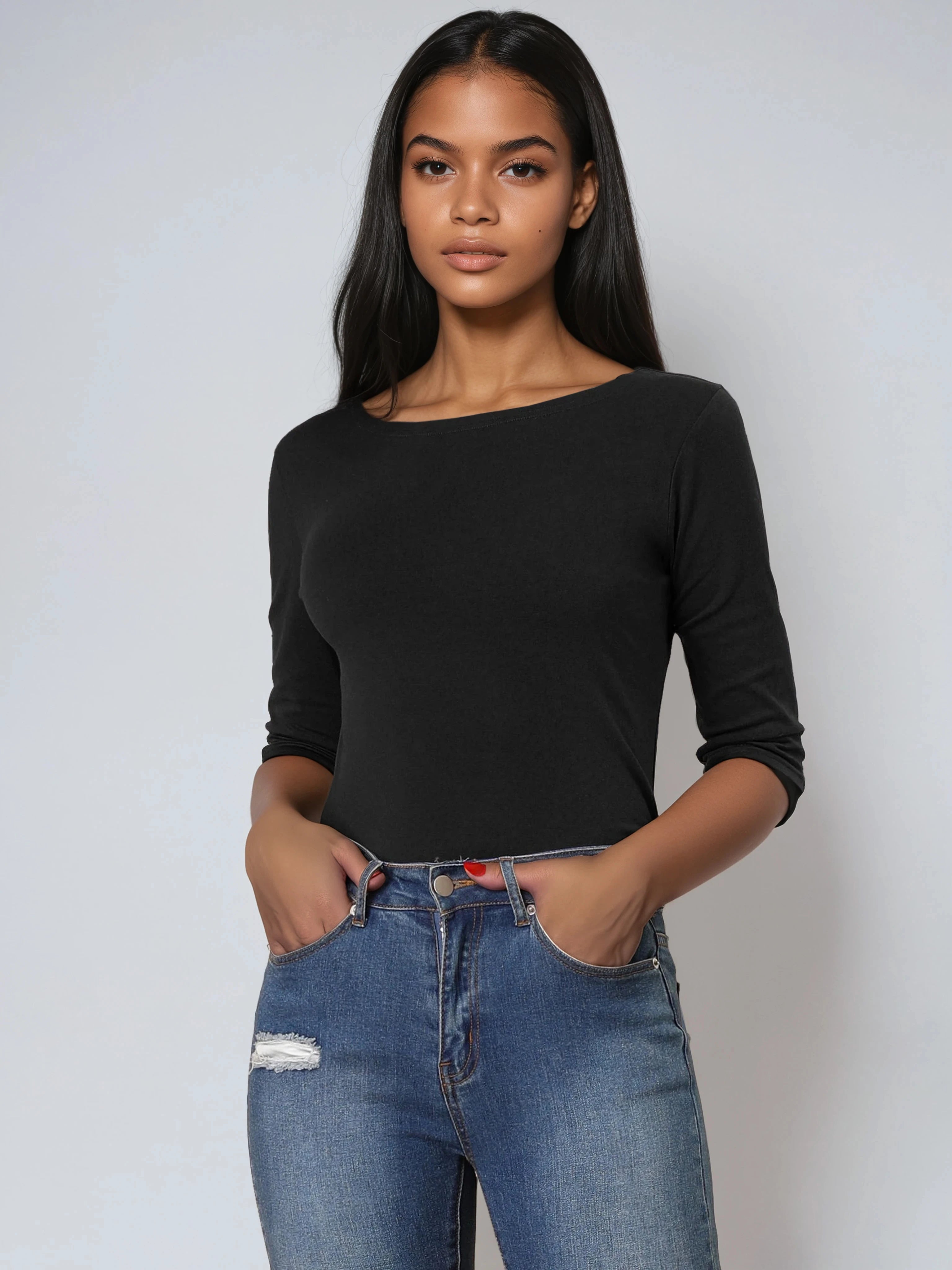 Shirt_Dames_Ronde_Hals_Basic_Driekwart_Mouwen_Victoria_Mae_Nederland_Belgie