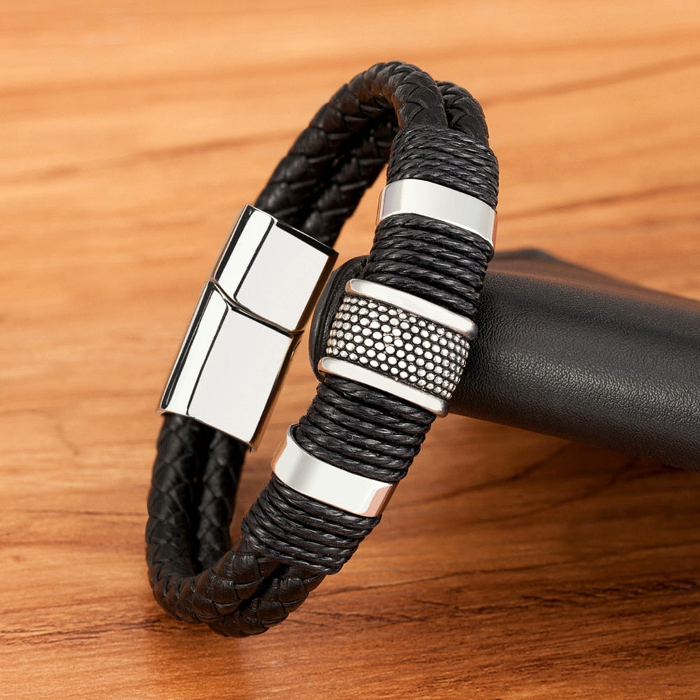 Lina | Geweven leren armband met roestvrijstalen accenten 7