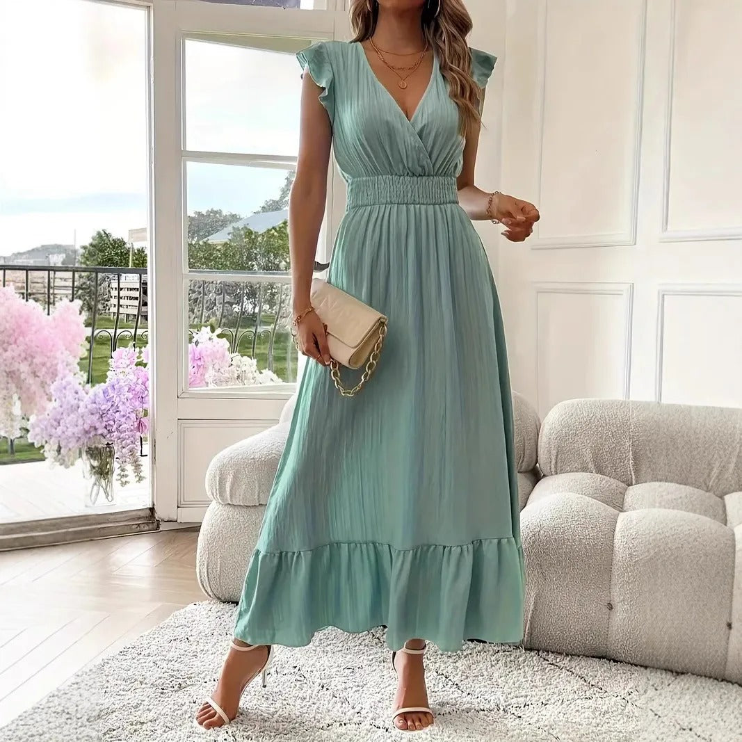 Robe fluide à volants avec col en V et manches courtes | Navando