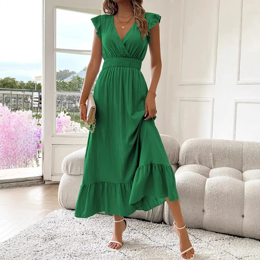 Robe fluide à volants avec col en V et manches courtes | Navando