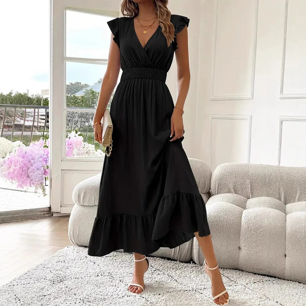 Robe fluide à volants avec col en V et manches courtes | Navando