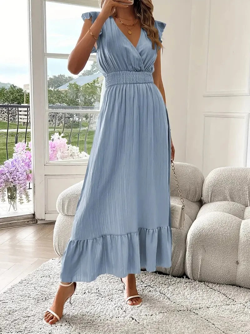 Robe fluide à volants avec col en V et manches courtes | Navando