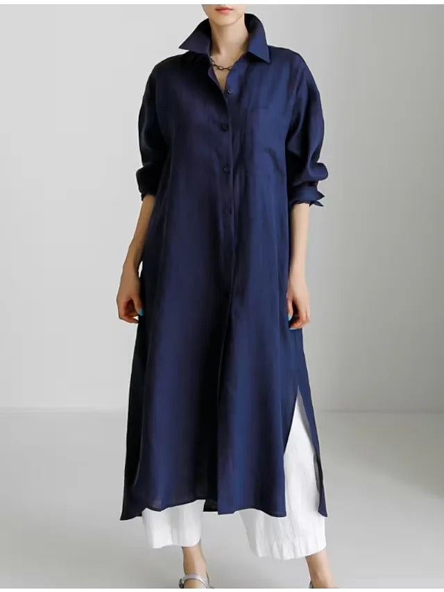 Maxi robe chemise pour femmes avec boutons et fente | Navando
