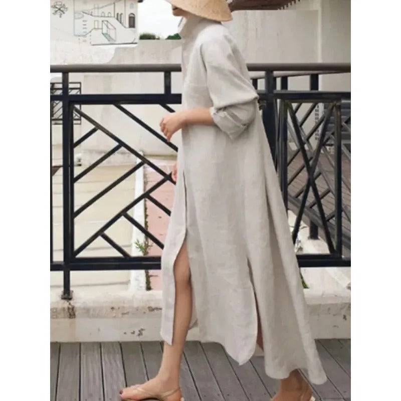 Maxi robe chemise pour femmes avec boutons et fente | Navando