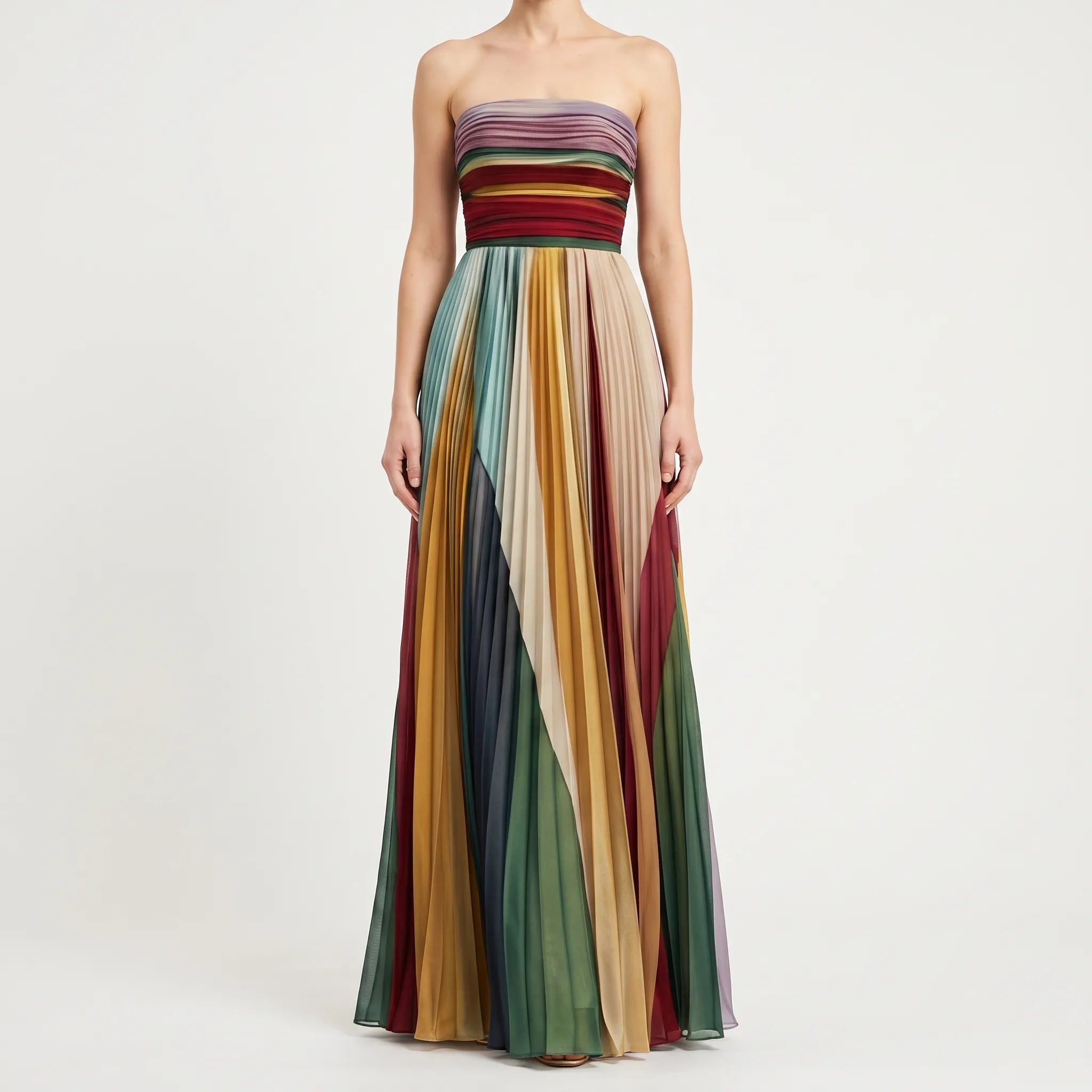 Meerkleurige Strapless Geplooide Maxi Jurk | Navando 
