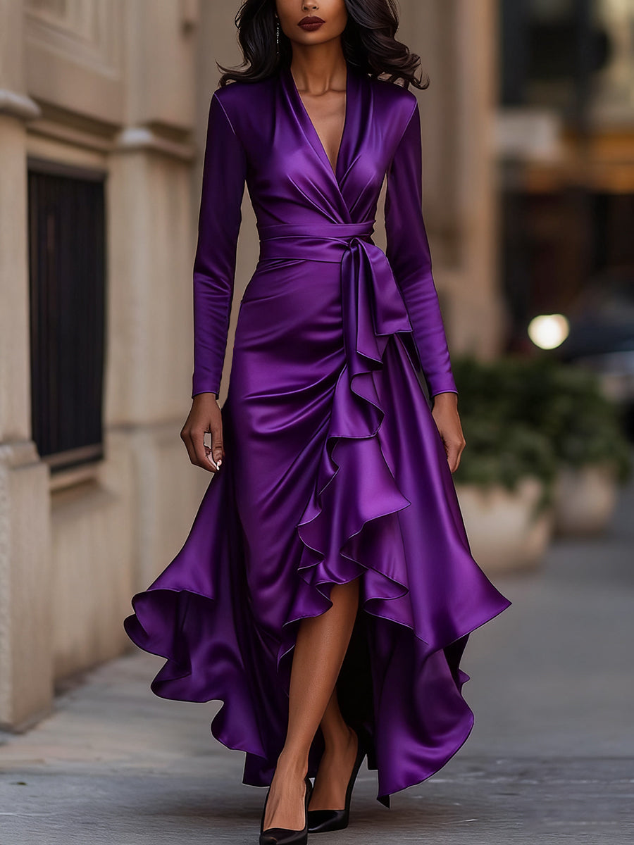 Midnight Elegance | Draped satin maxi jurk met lange mouwen 10