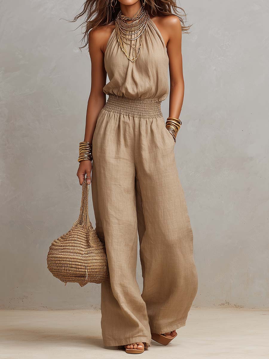 Mouwloze Halter Jumpsuit Met Wijde Pijpen | Navando