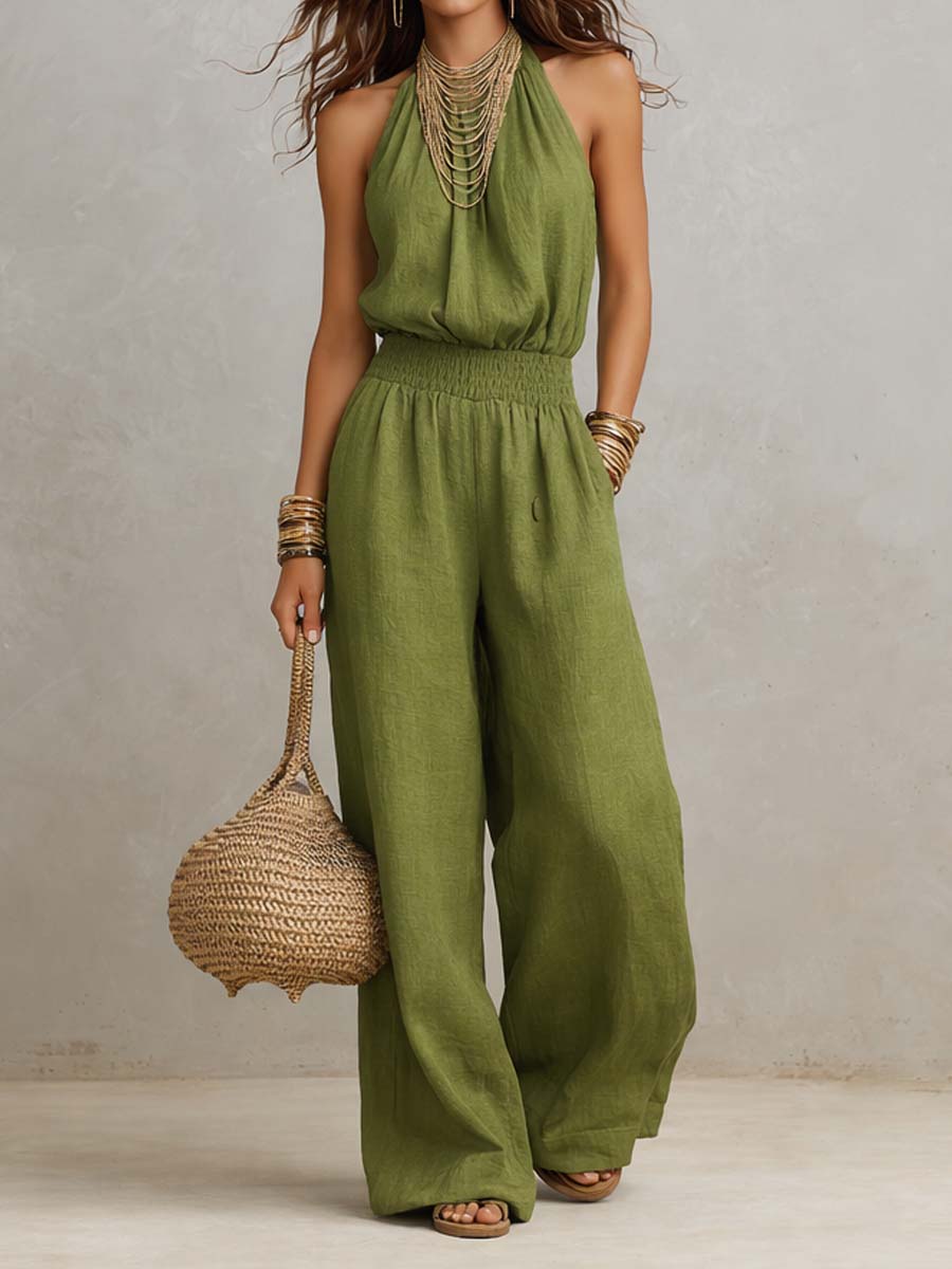 Mouwloze Halter Jumpsuit Met Wijde Pijpen | Navando