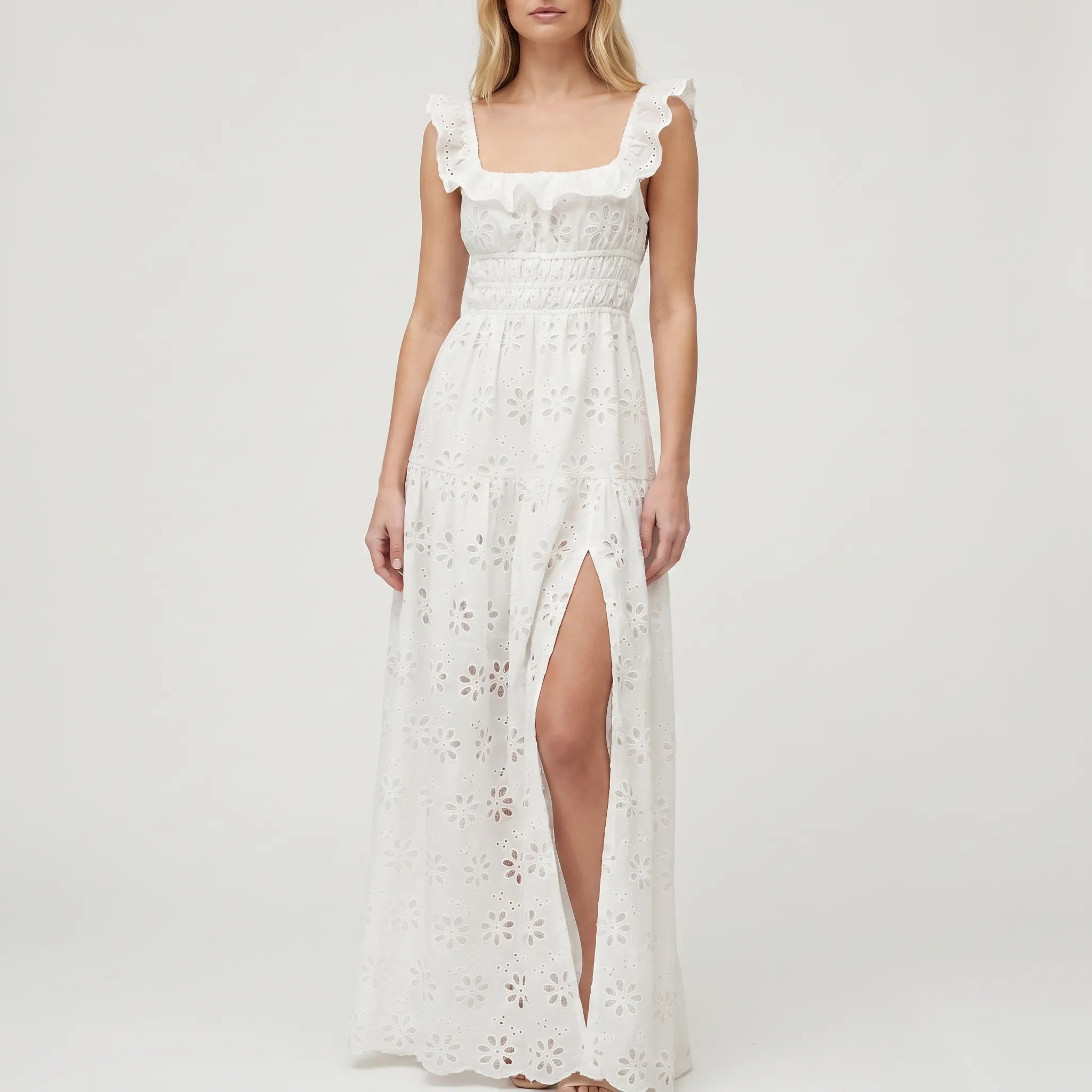 Mouwloze Maxi Jurk Met Opengewerkt Bloemenpatroon | Navando 