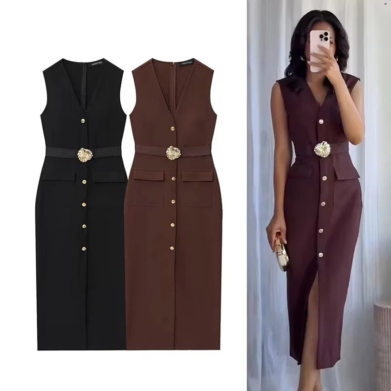 Mouwloze Midi Jurk Met Riem | Navando 