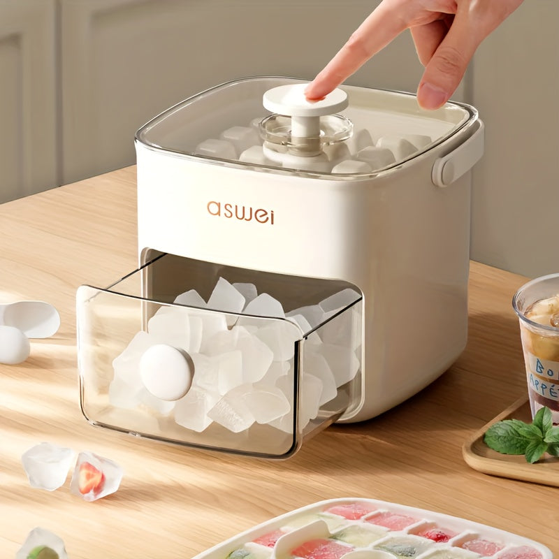 Compacte handmatige ijsblokjesmaker geplaatst op het aanrecht in een moderne keuken van Navando.