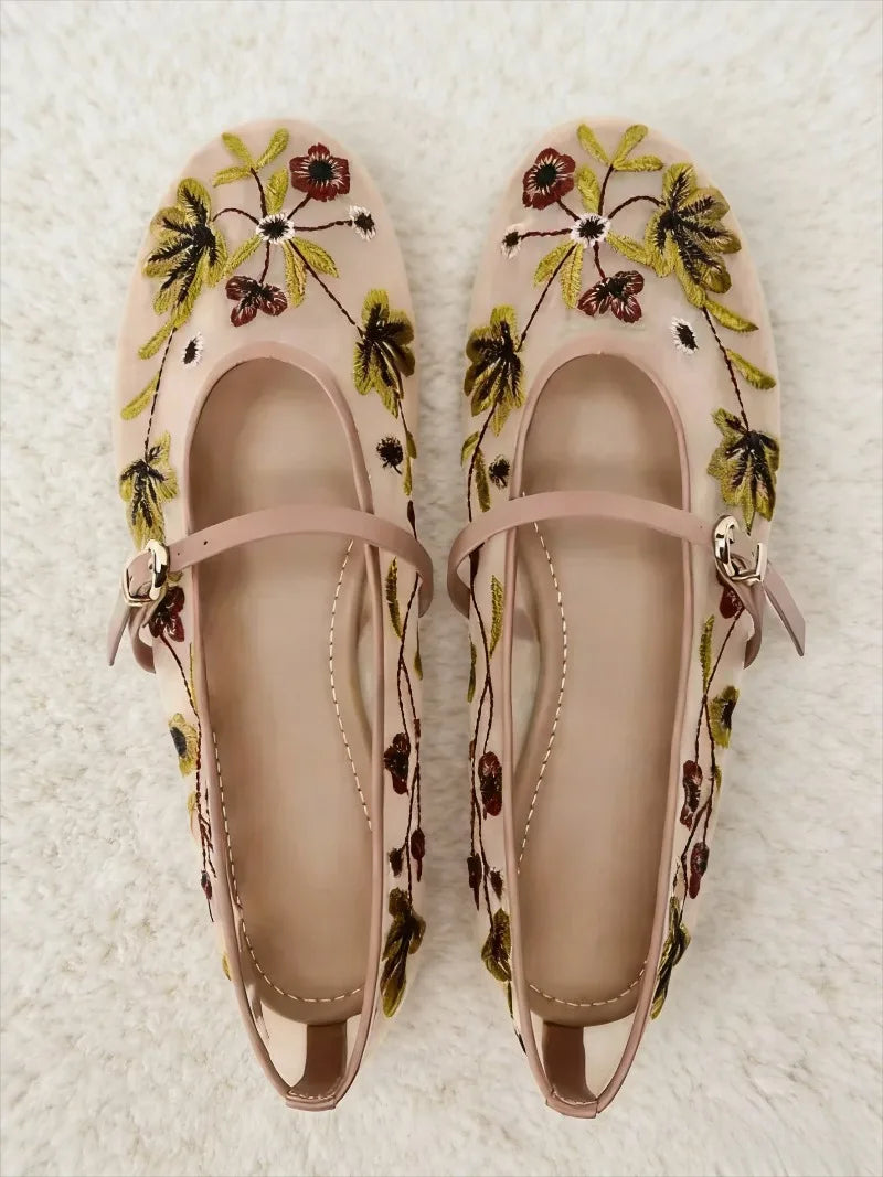 Navando | Geborduurd Mary Jane-Ballerina Met Bandje
