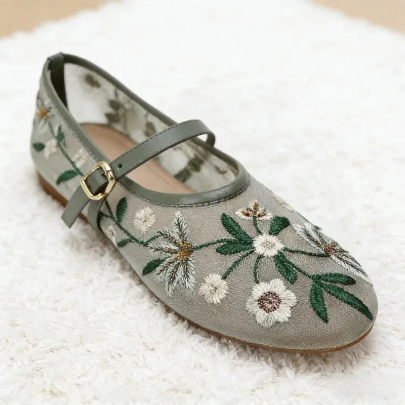 Navando | Geborduurd Mary Jane-Ballerina Met Bandje