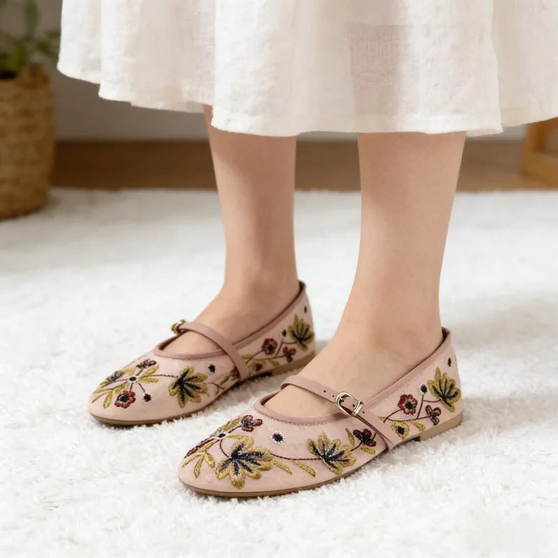 Navando | Geborduurd Mary Jane-Ballerina Met Bandje