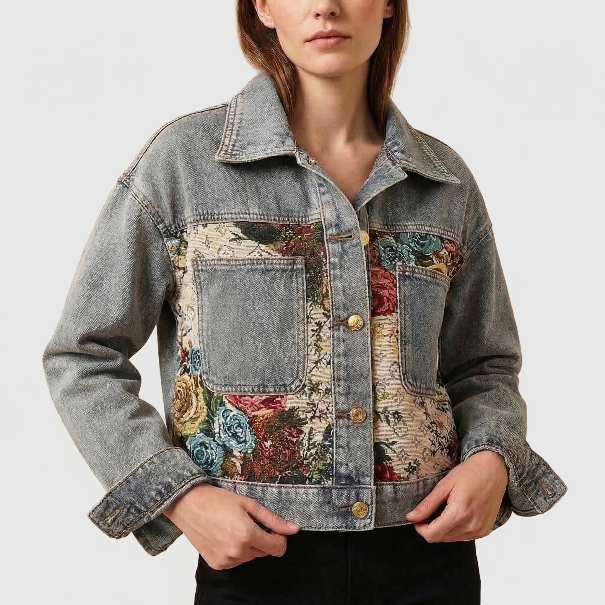 Navando | Gecropte Spijkerjas Met Bloemenprint