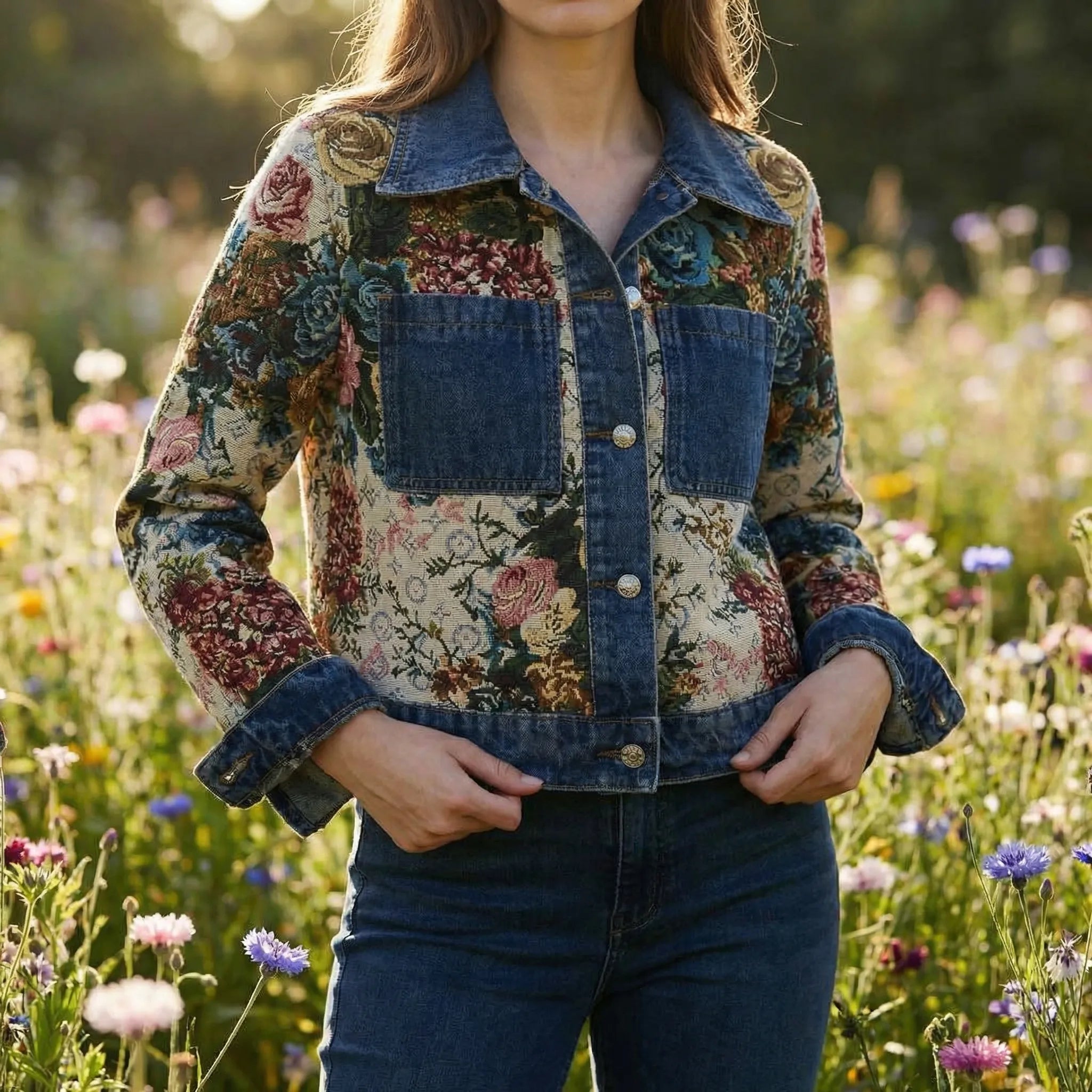 Navando | Gecropte Spijkerjas Met Bloemenprint