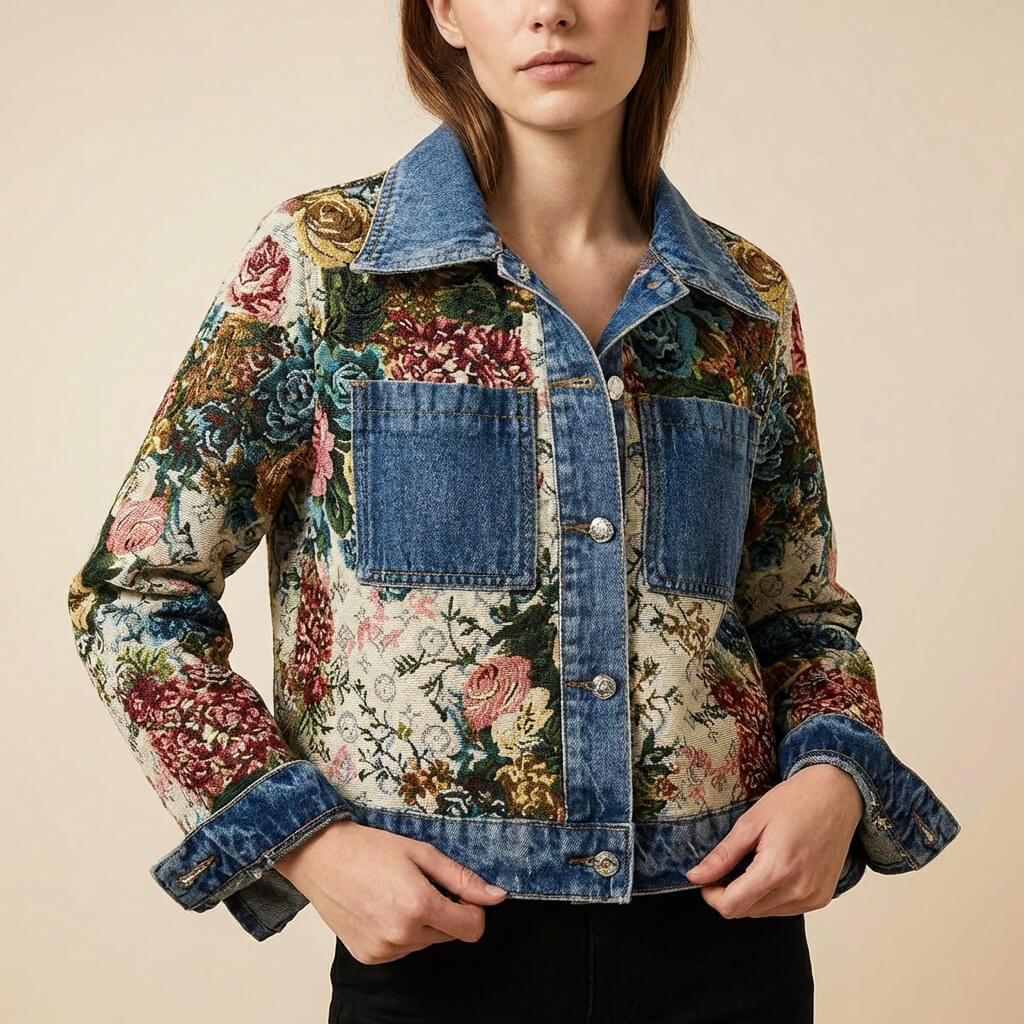 Navando | Gecropte Spijkerjas Met Bloemenprint