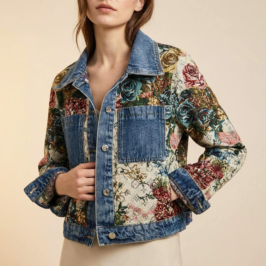 Navando | Gecropte Spijkerjas Met Bloemenprint