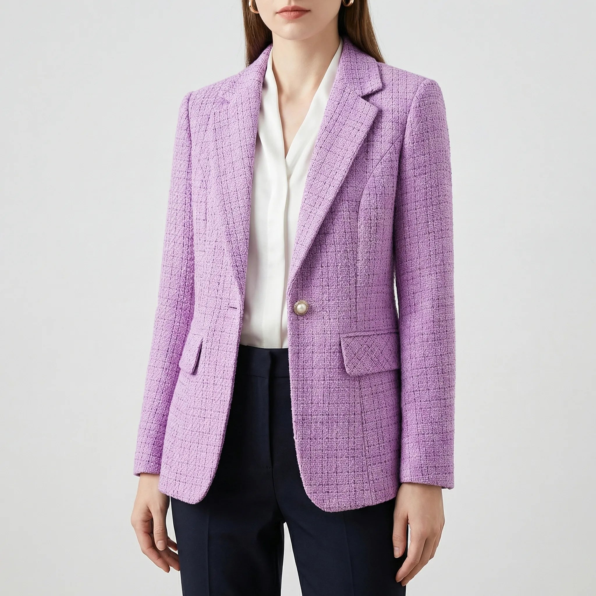 Navando | Getailleerde Tweed Blazer Met Perlknoop