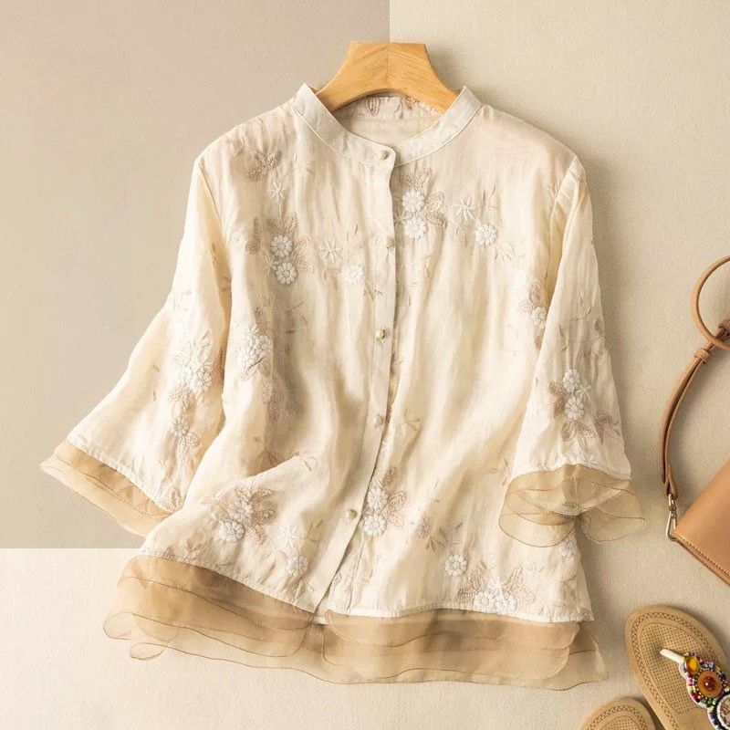 Navando | Losvallende Blouse Met Bloemborduurwerk
