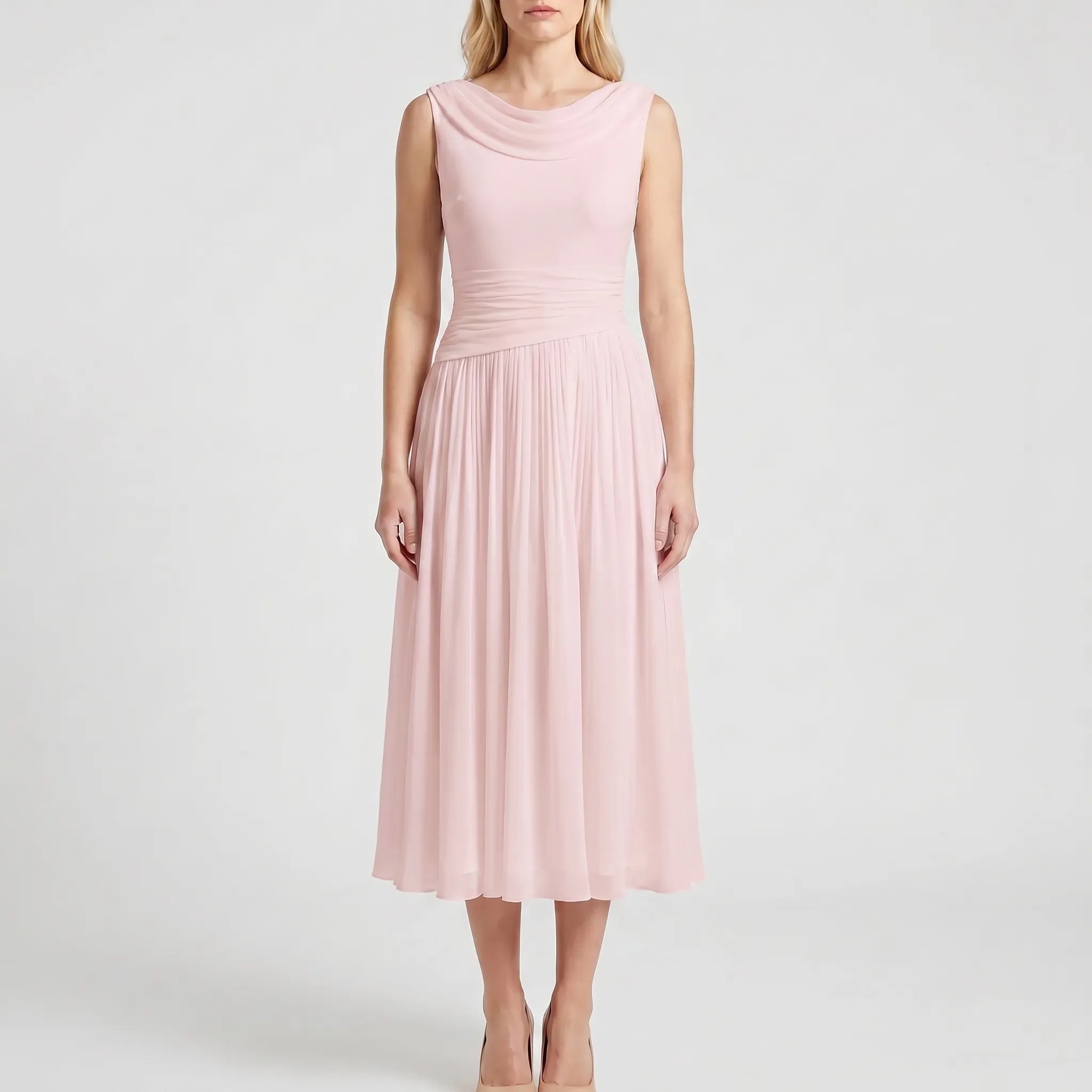 Navando | Mouwloze Midi-Jurk Met Geplooide Rok