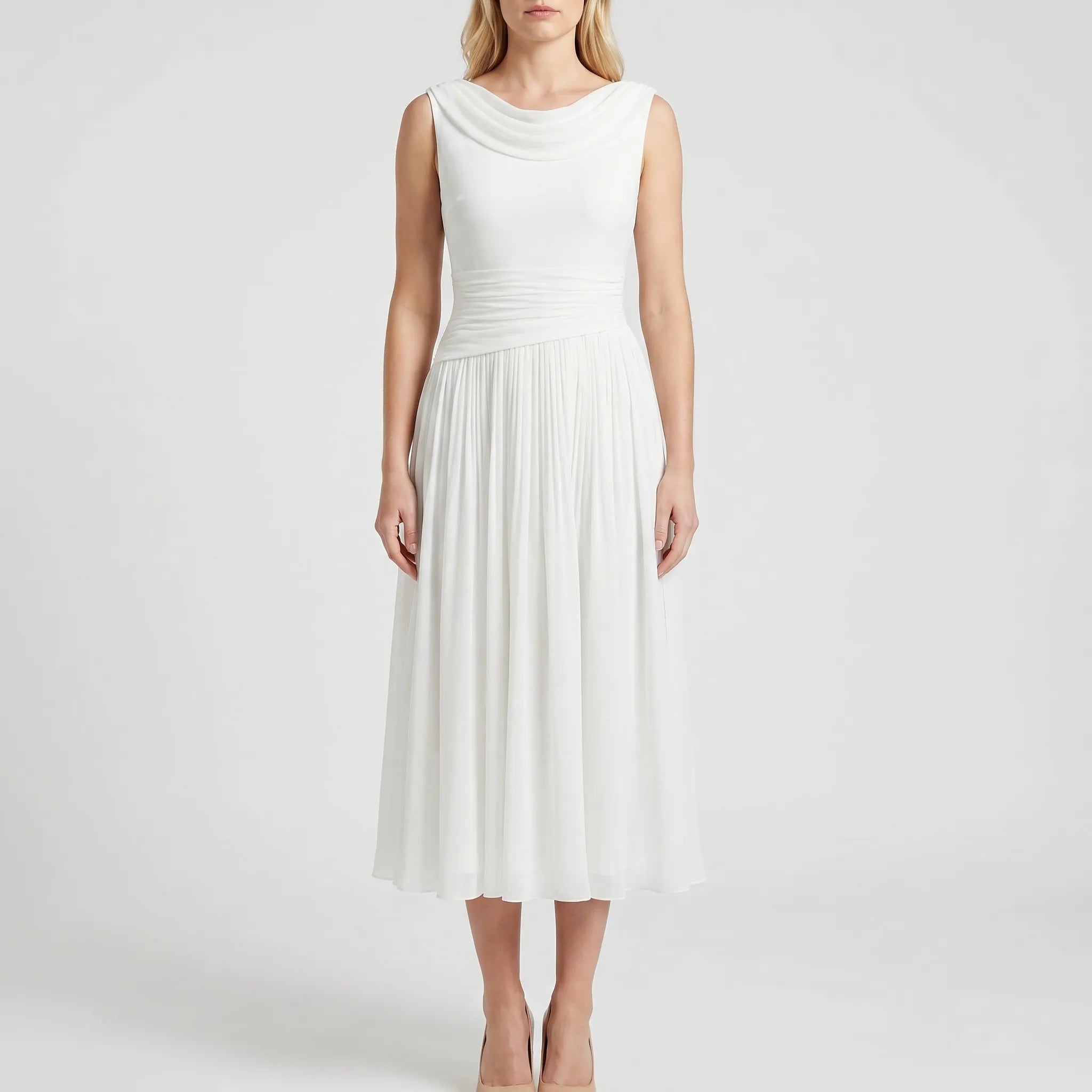 Navando | Mouwloze Midi-Jurk Met Geplooide Rok
