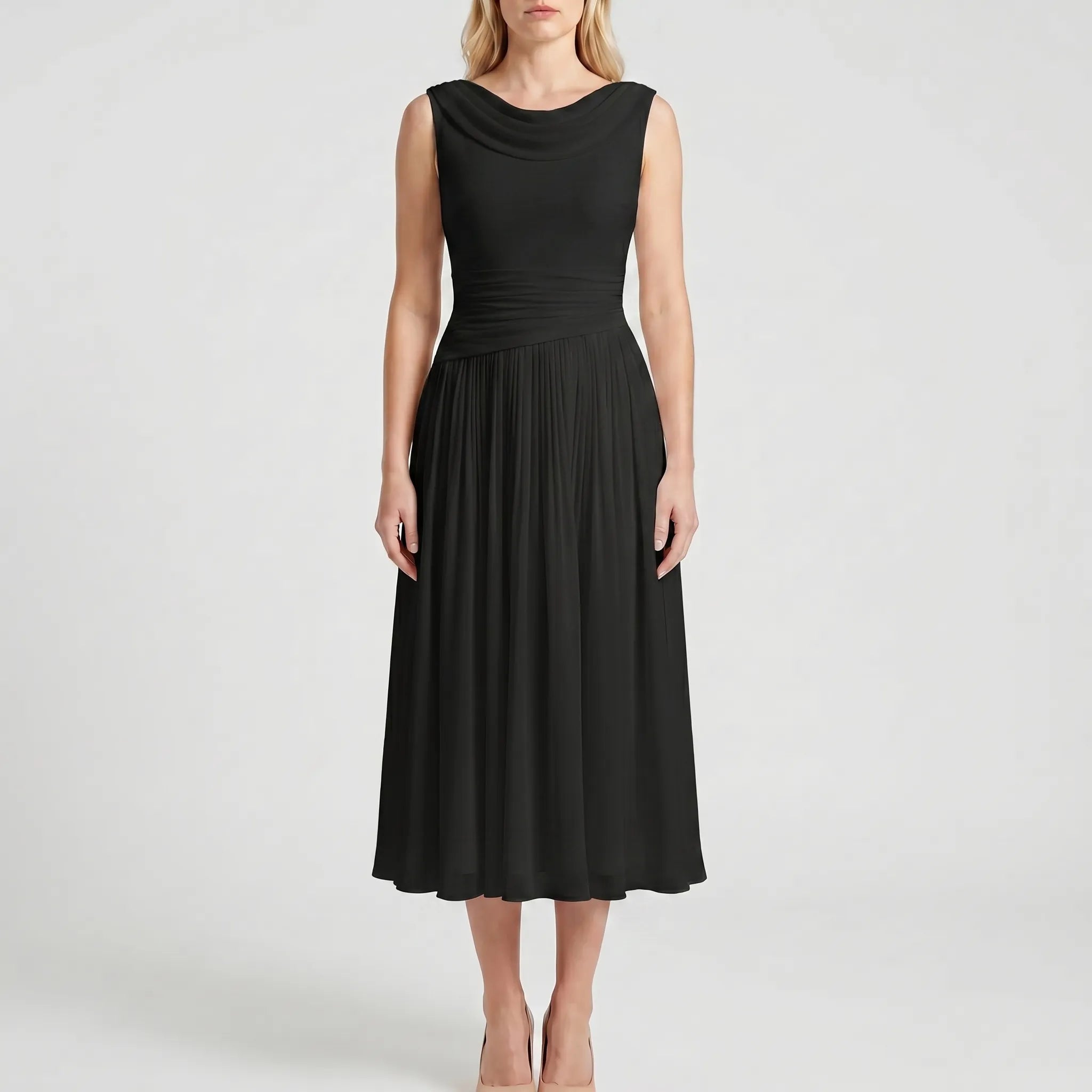 Navando | Mouwloze Midi-Jurk Met Geplooide Rok