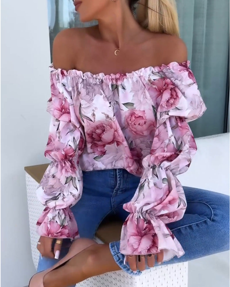 Off-Shoulder Top Met Lantaarnmouwen En Print | Navando 