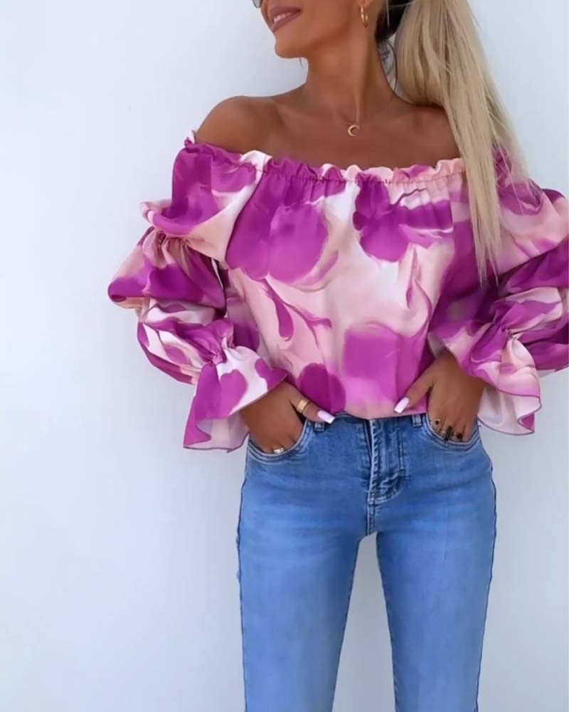 Off-Shoulder Top Met Lantaarnmouwen En Print | Navando 