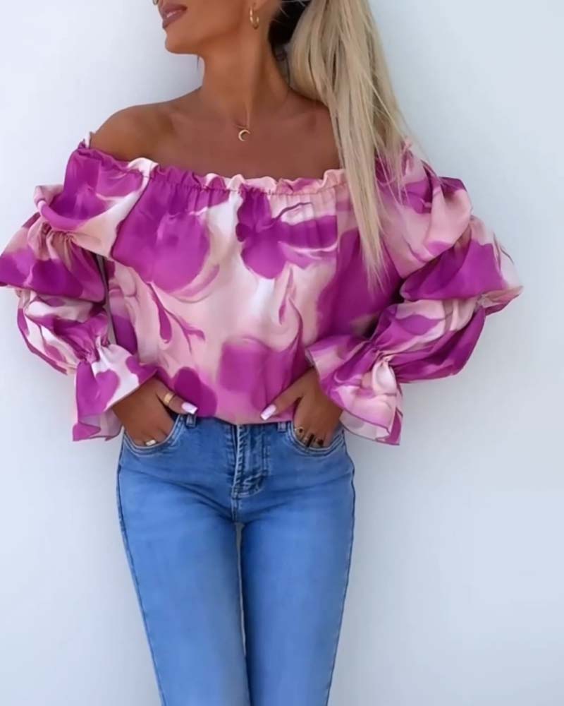 Off-Shoulder Top Met Lantaarnmouwen En Print | Navando 