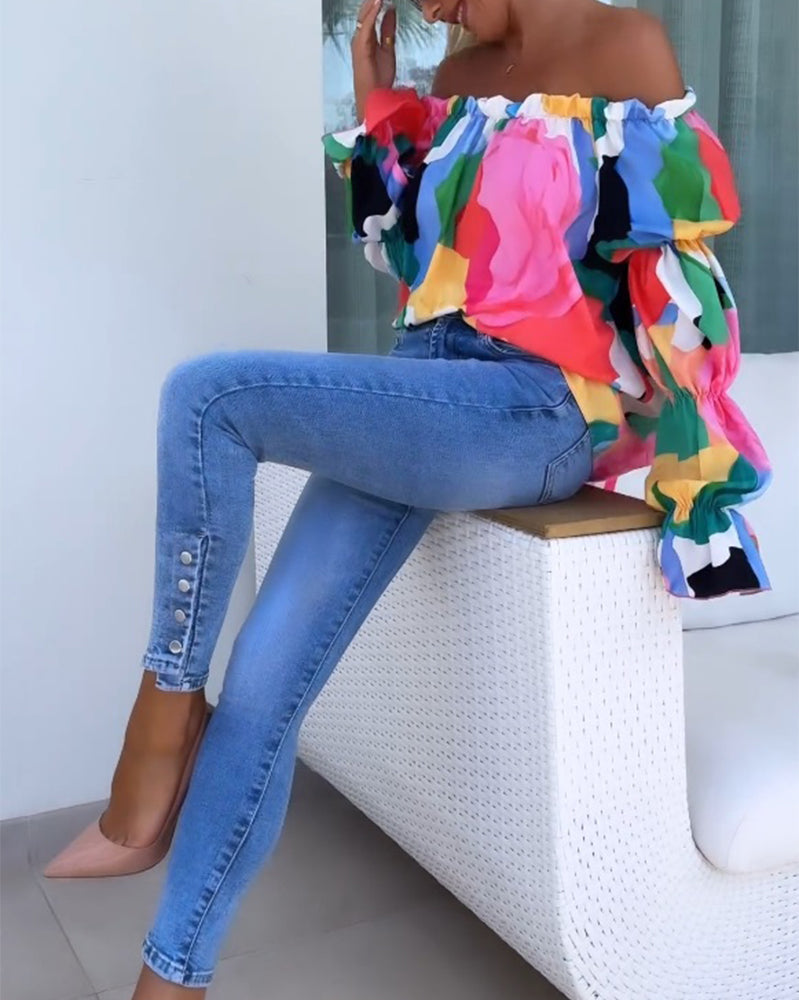Off-Shoulder Top Met Lantaarnmouwen En Print | Navando 