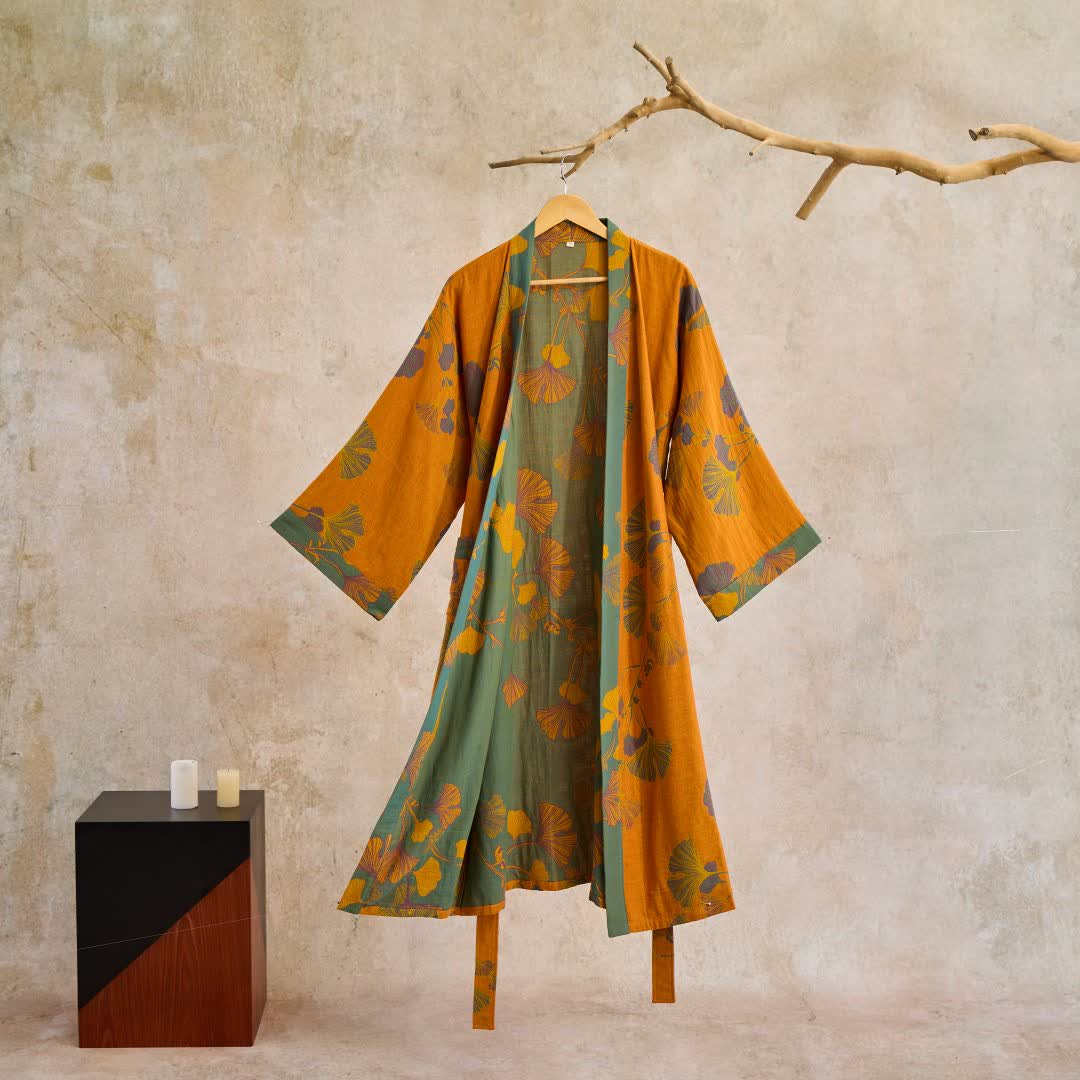 Ownkoti | Ginkgobladeren katoenen kimono-jas 14