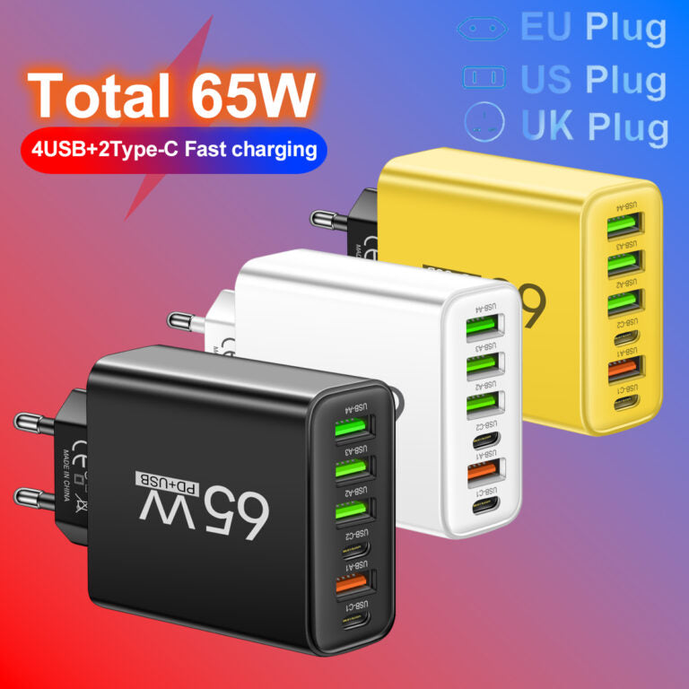PowerMax 65W 6-in-1 Snelle Oplader – Laad Tot 6 Apparaten Tegelijkertijd – Ideaal Voor Thuis, Kantoor en Reizen 1
