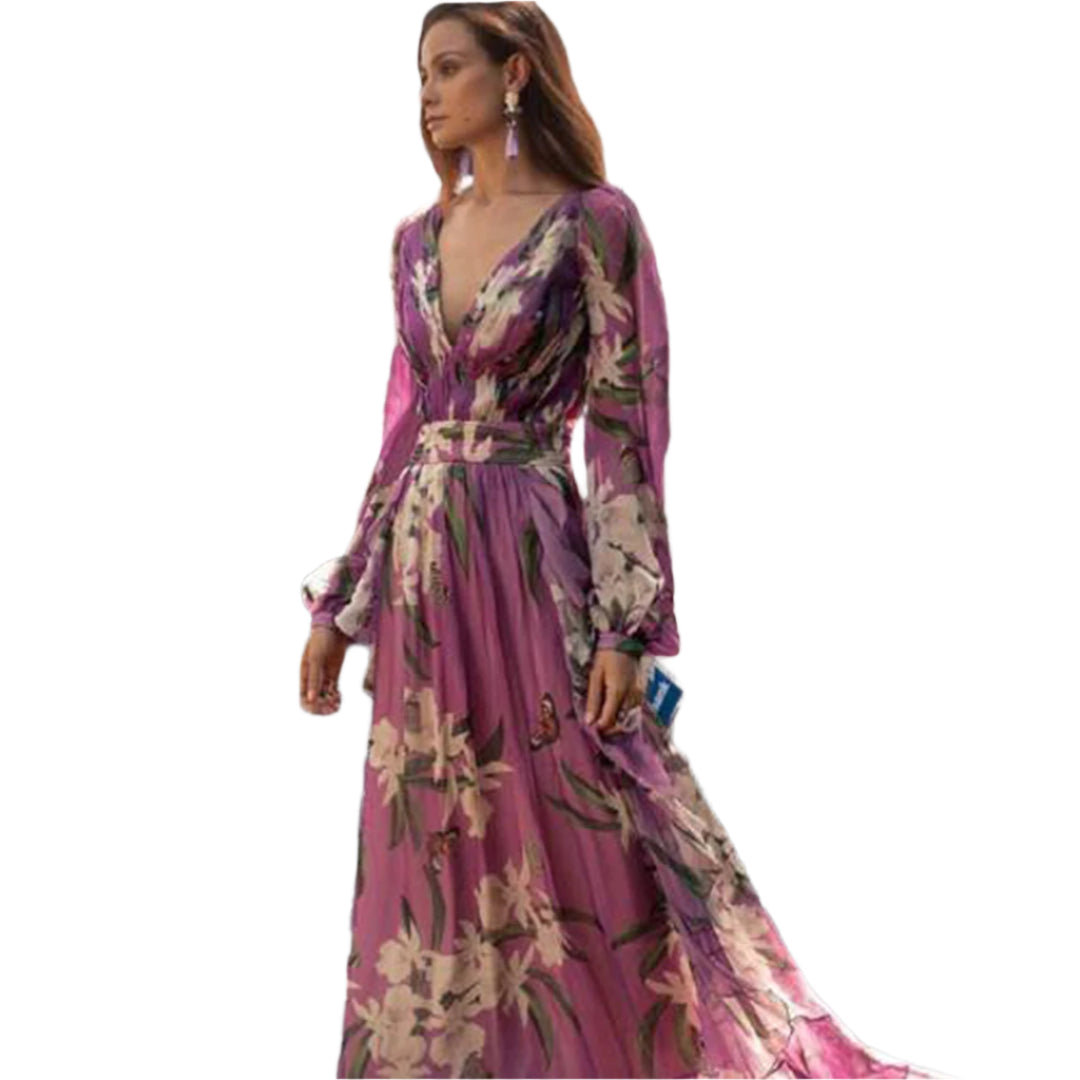 Geraffineerde en elegante maxi-jurk met bloemenprint, V-hals en lange mouwen