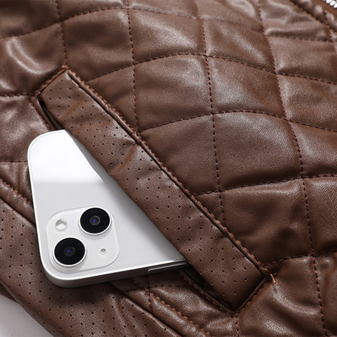 Warme leren jas met rits voor heren – elegante stijl met hoge kraag