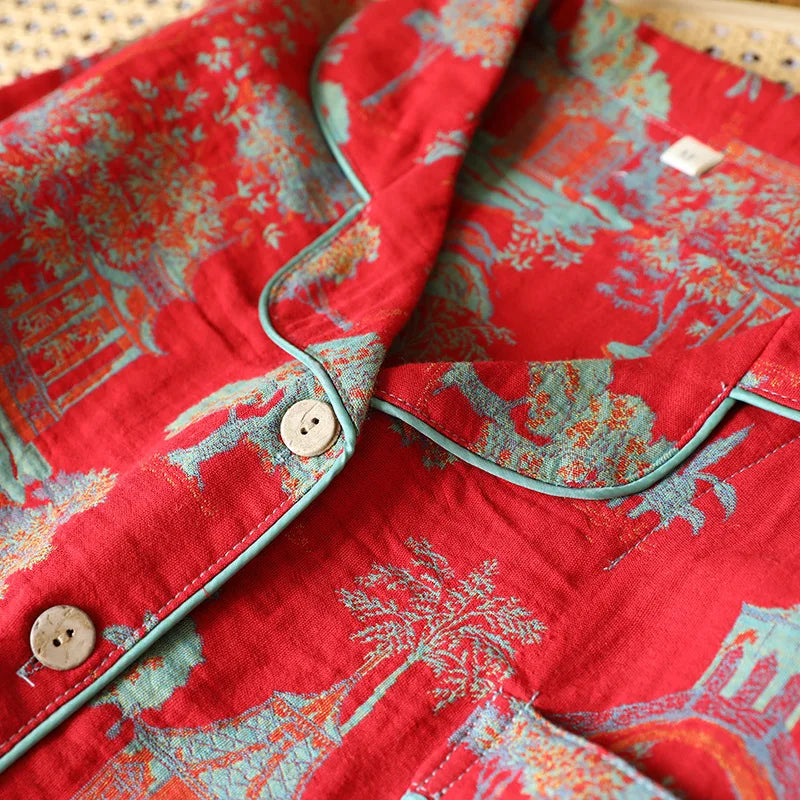 Retro | Ademend geweven pyjamaset dames met lange mouwen 4